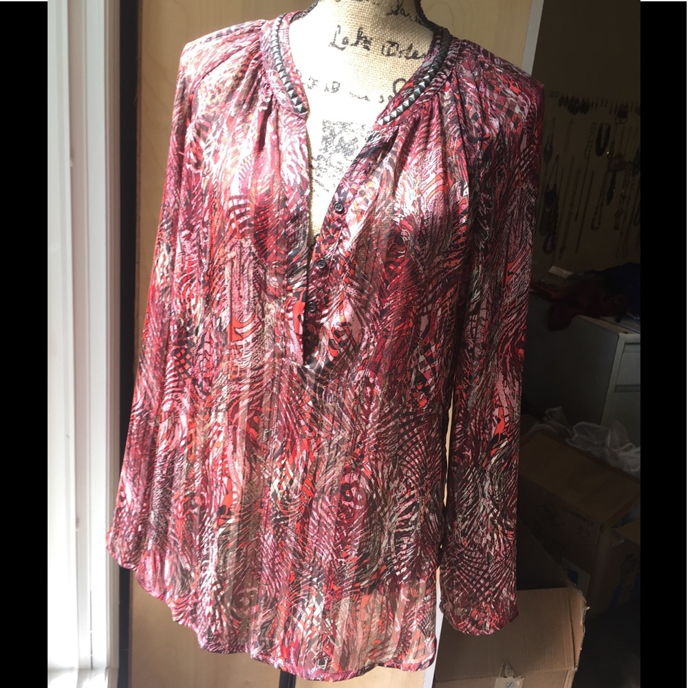 Cache sheer blouse with studded neck detail, EUC