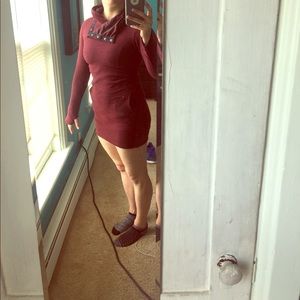 Maroon sweater dress with thumb holes and hood