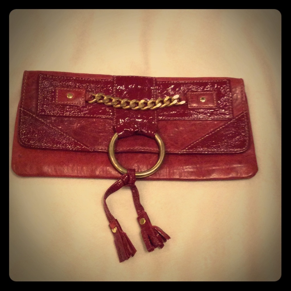 Marnie Bugs Red Leather Clutch With Gold Hardware