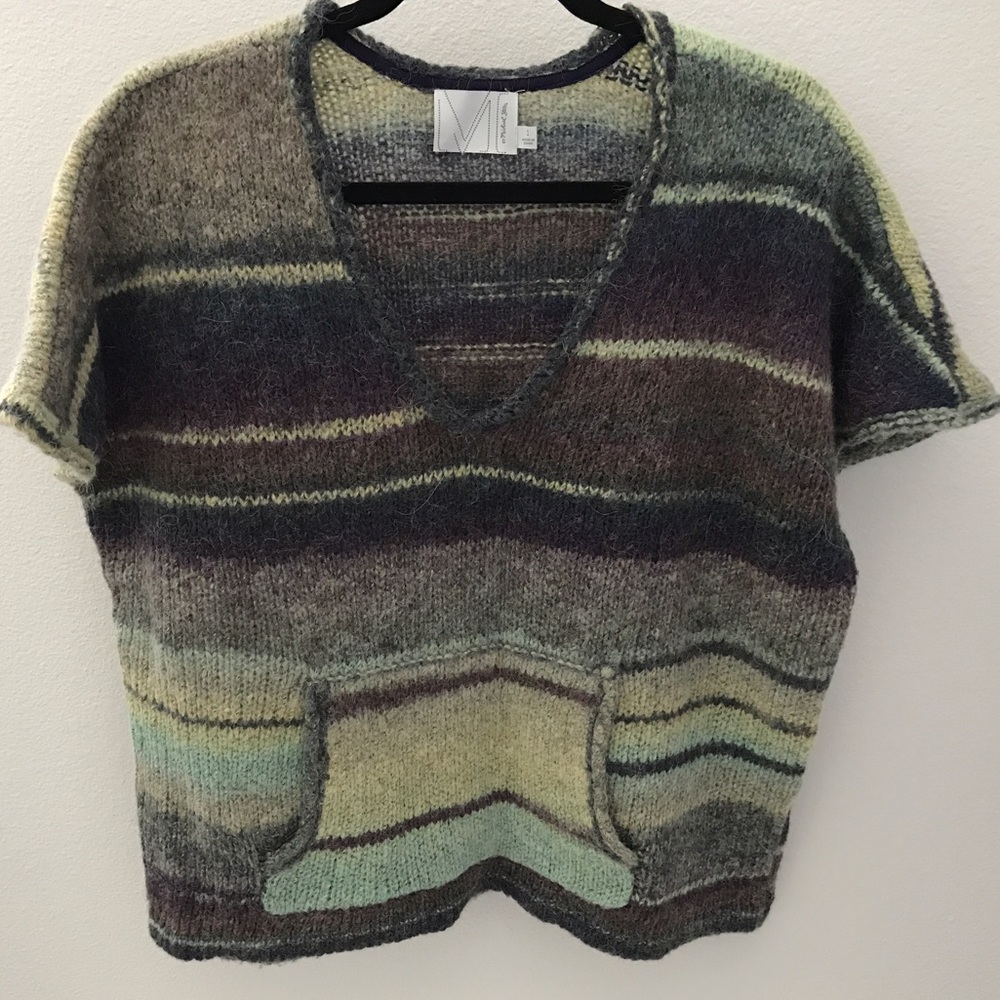 Michael Stars Striped Poncho Style V-Neck Sweater.
