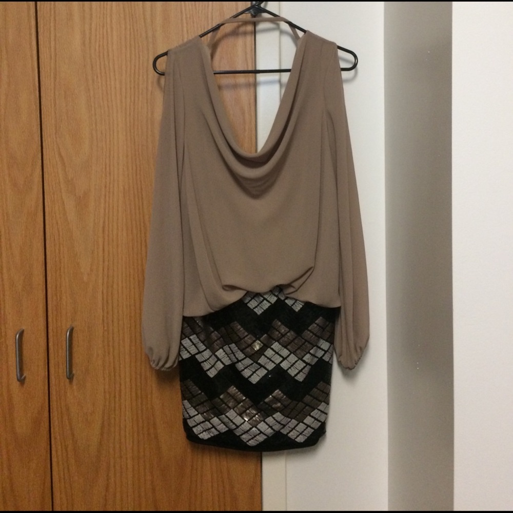 Beige Sleeved Dress with Arm Cuts and Sequins