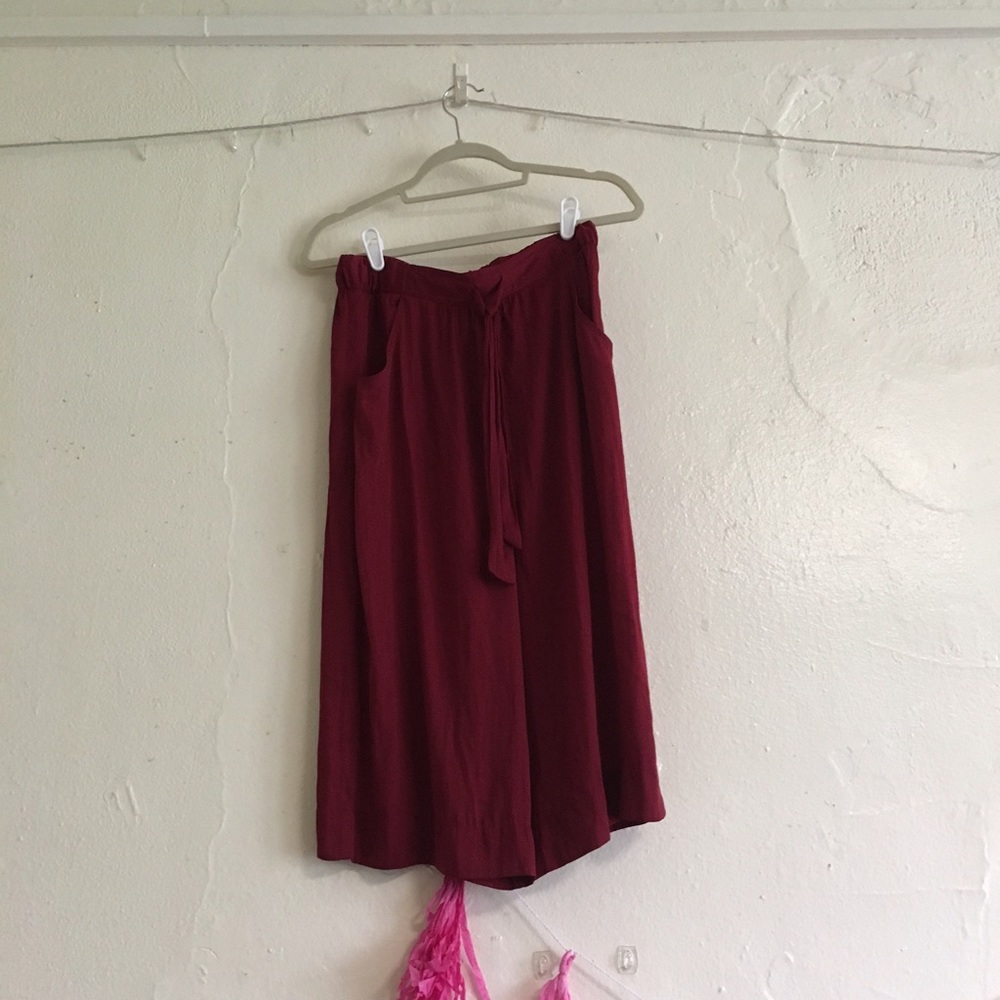 Red wide leg cropped satin pants
