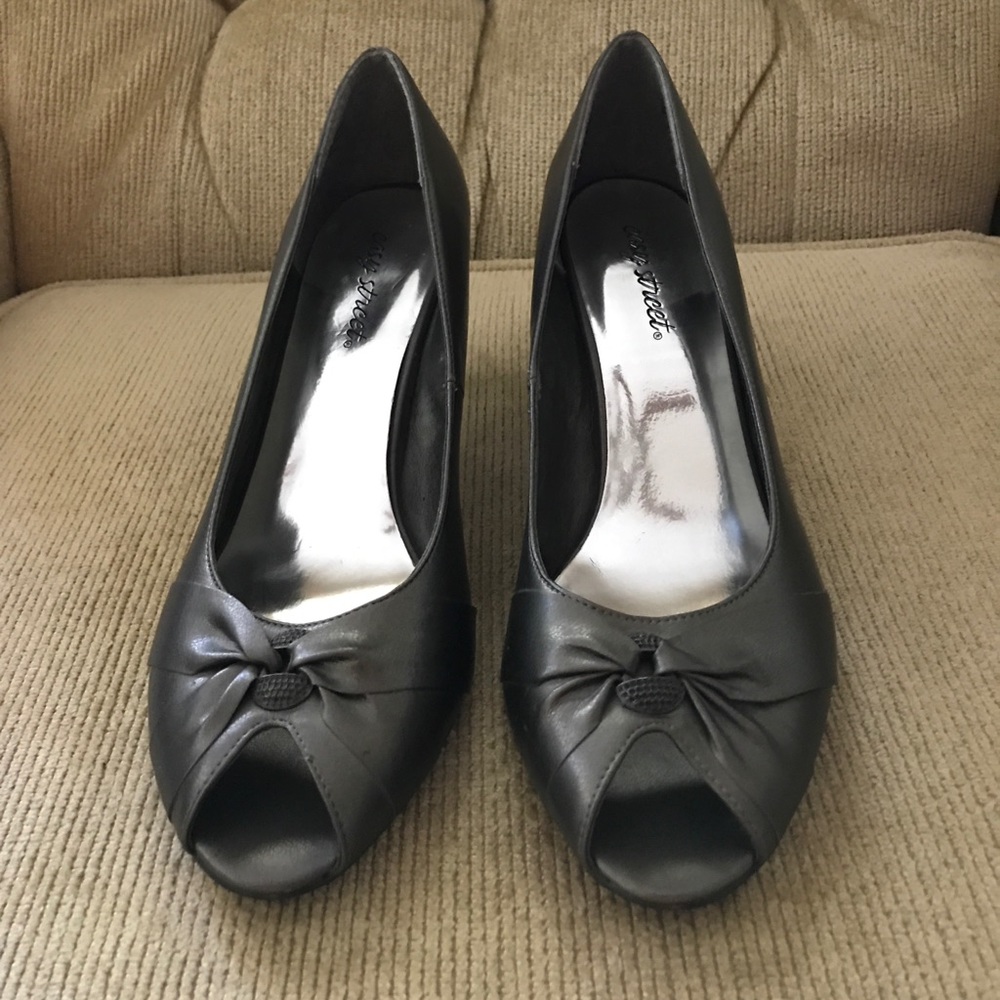 Pewter open-toe pumps, size 10-wide, 3-inch heel.