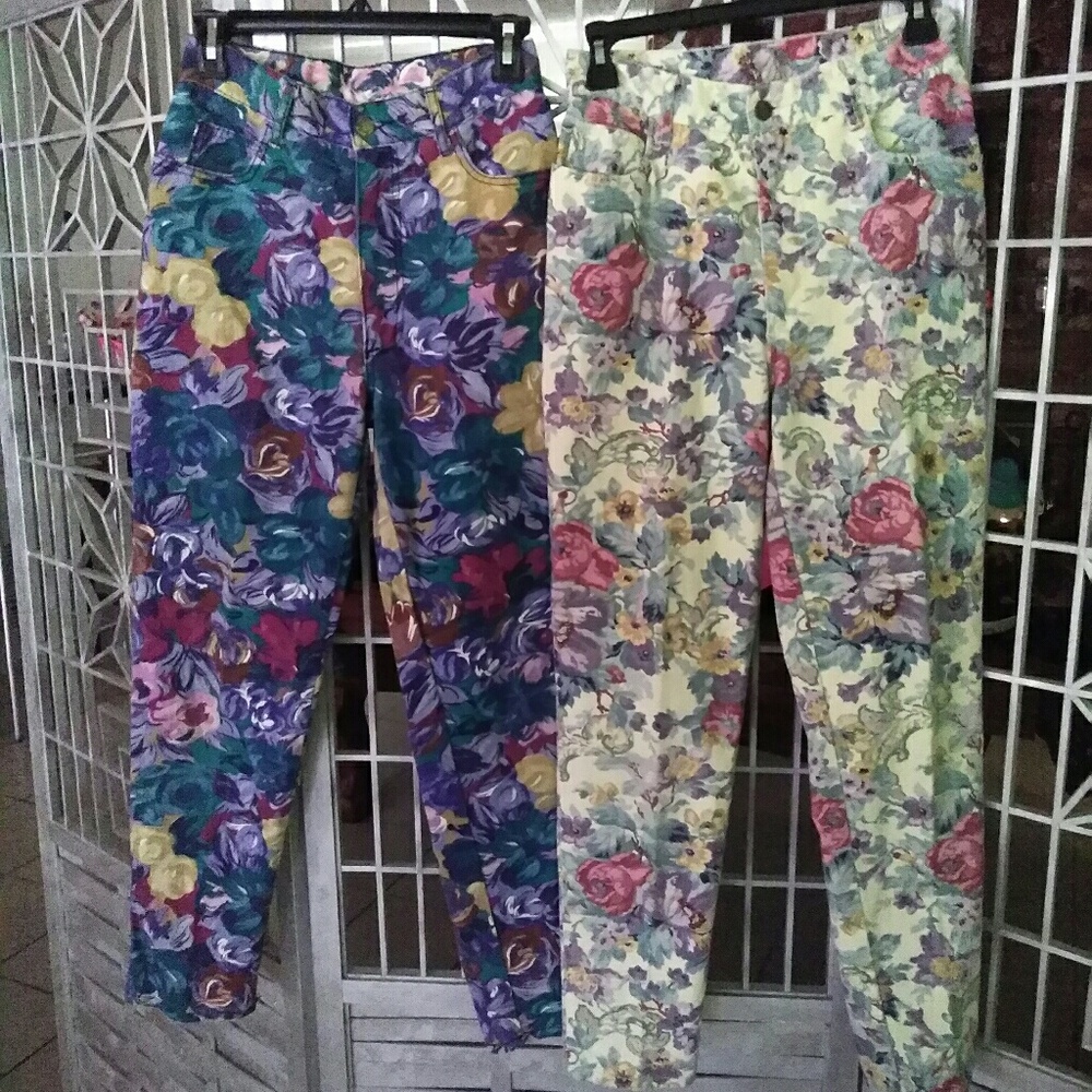 Paris blue vintage skinny leg flower jeans