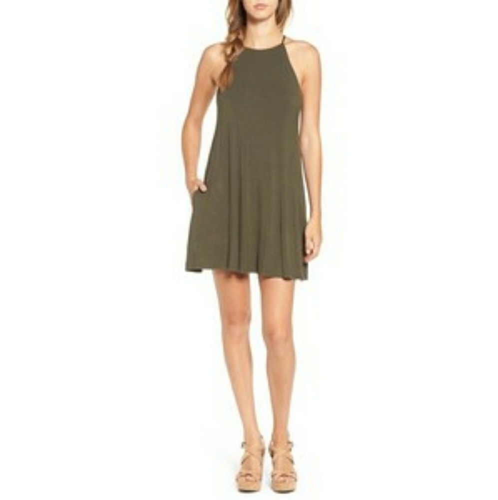 Socialite High Neck Knit Swing Dress in Olive