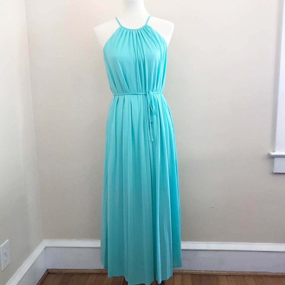 Pleated Halter Style Maxi Dress w/String Tie Waist