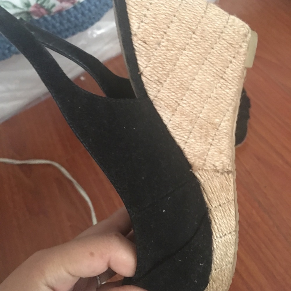 Cute short black bow wedges