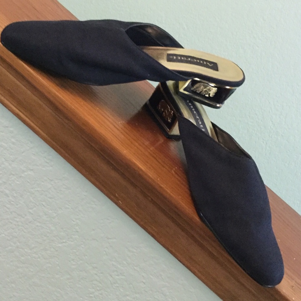 Navy slides, mules, slip-ons with gold elephants
