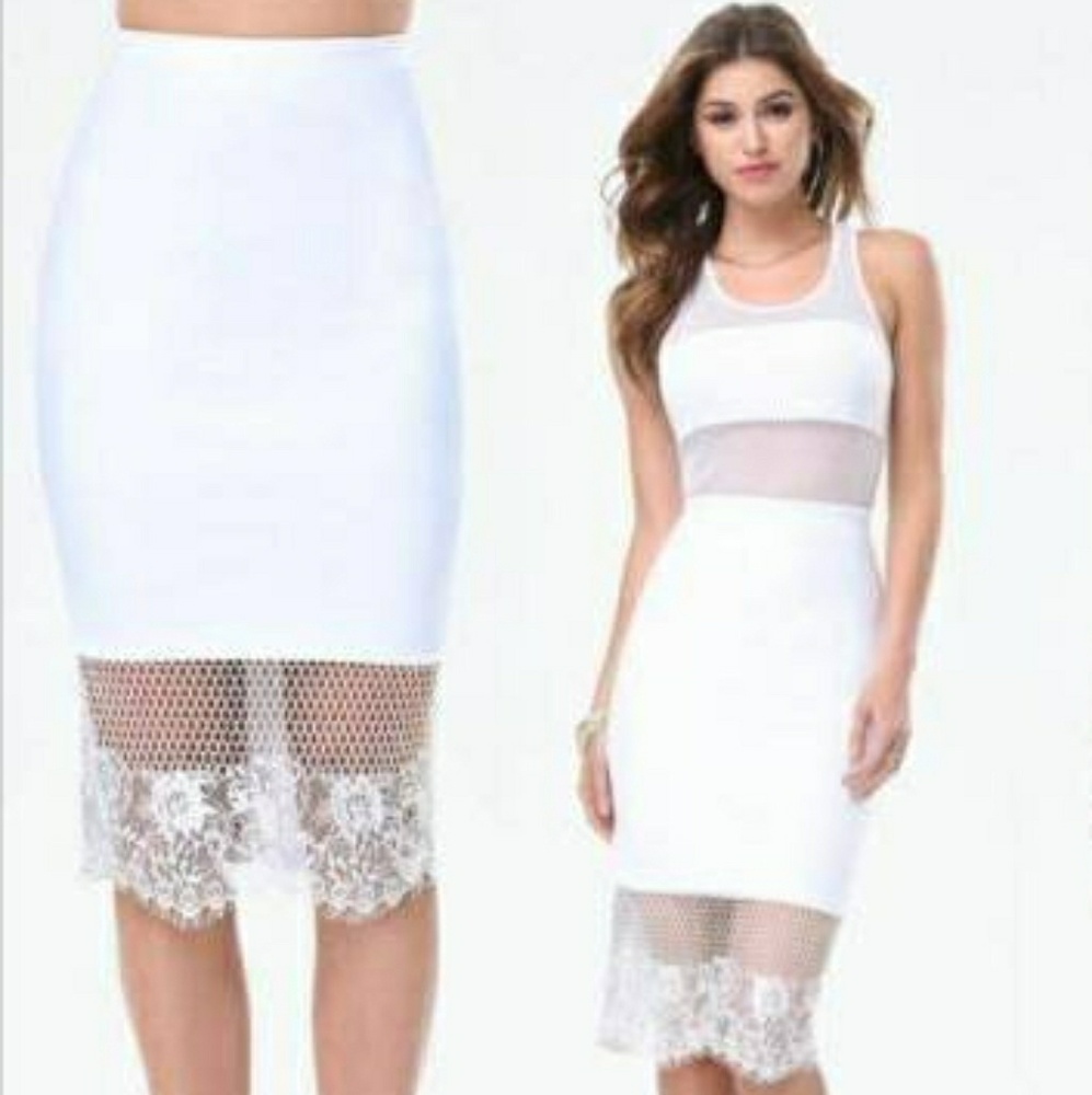 Bebe Hottie High Waist Lace Trim Midi Skirt White
