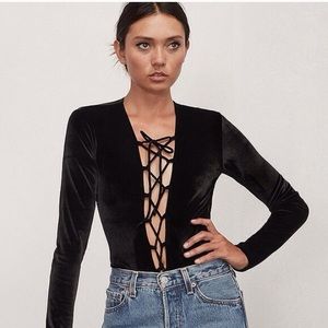 REFORMATION velvet lace up body suit