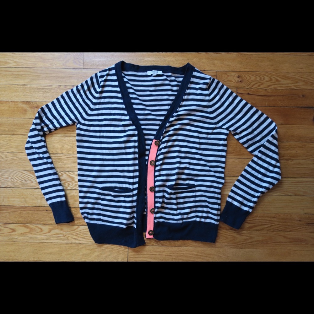 Madewell Navy White Striped Cardigan, Coral Accent