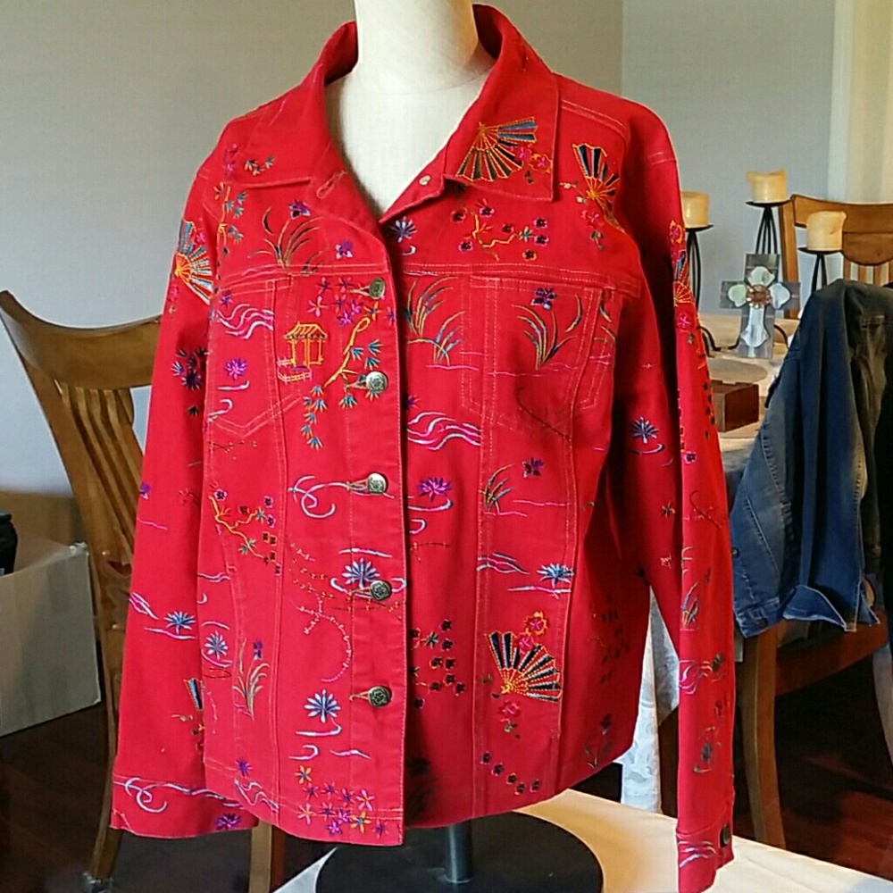 GORGEOUS Red hand embroidered denim jacket