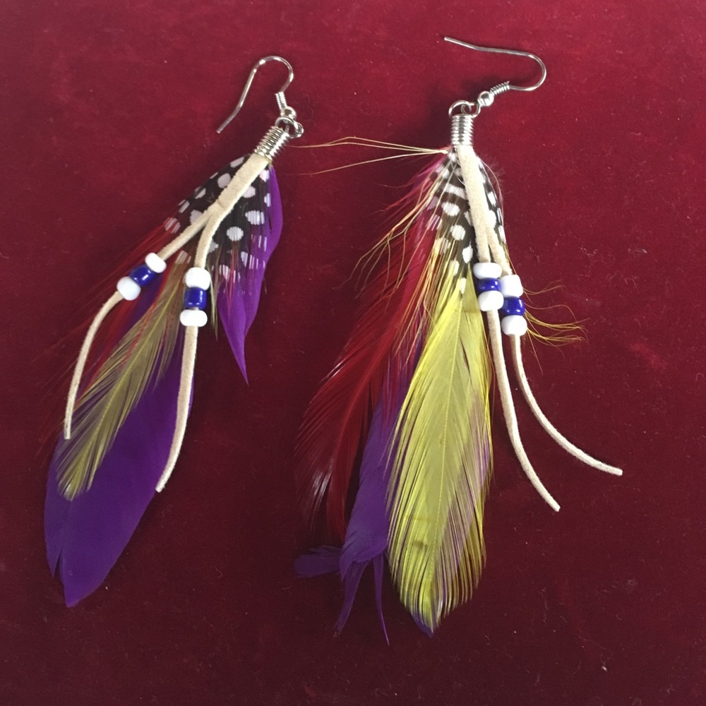 Feather multi color beaded dangle earrings
