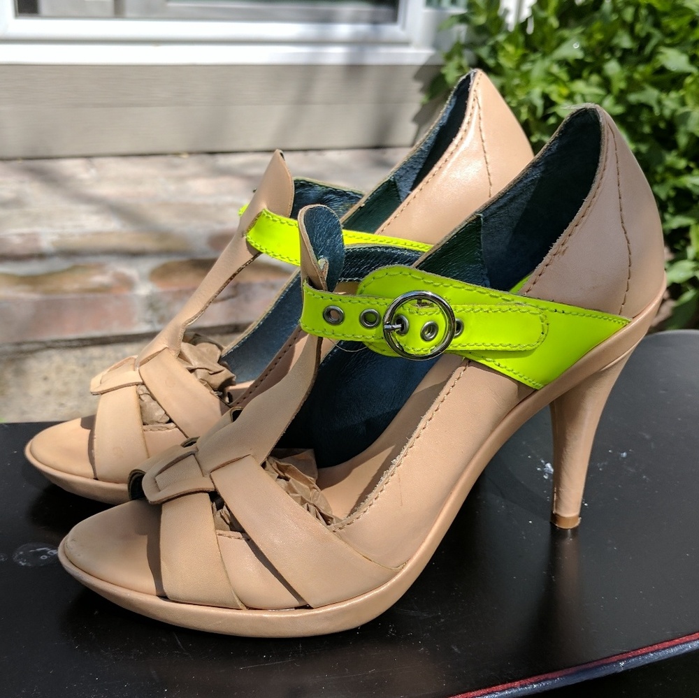 Daniblack nude & neon buckle platform sandal heels
