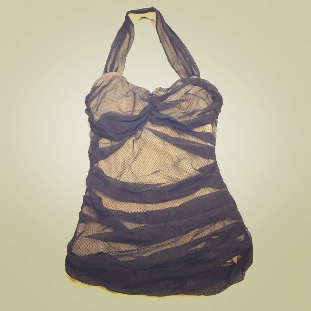 NWT Bebe Garden View Pleated Dot Mesh Halter Top