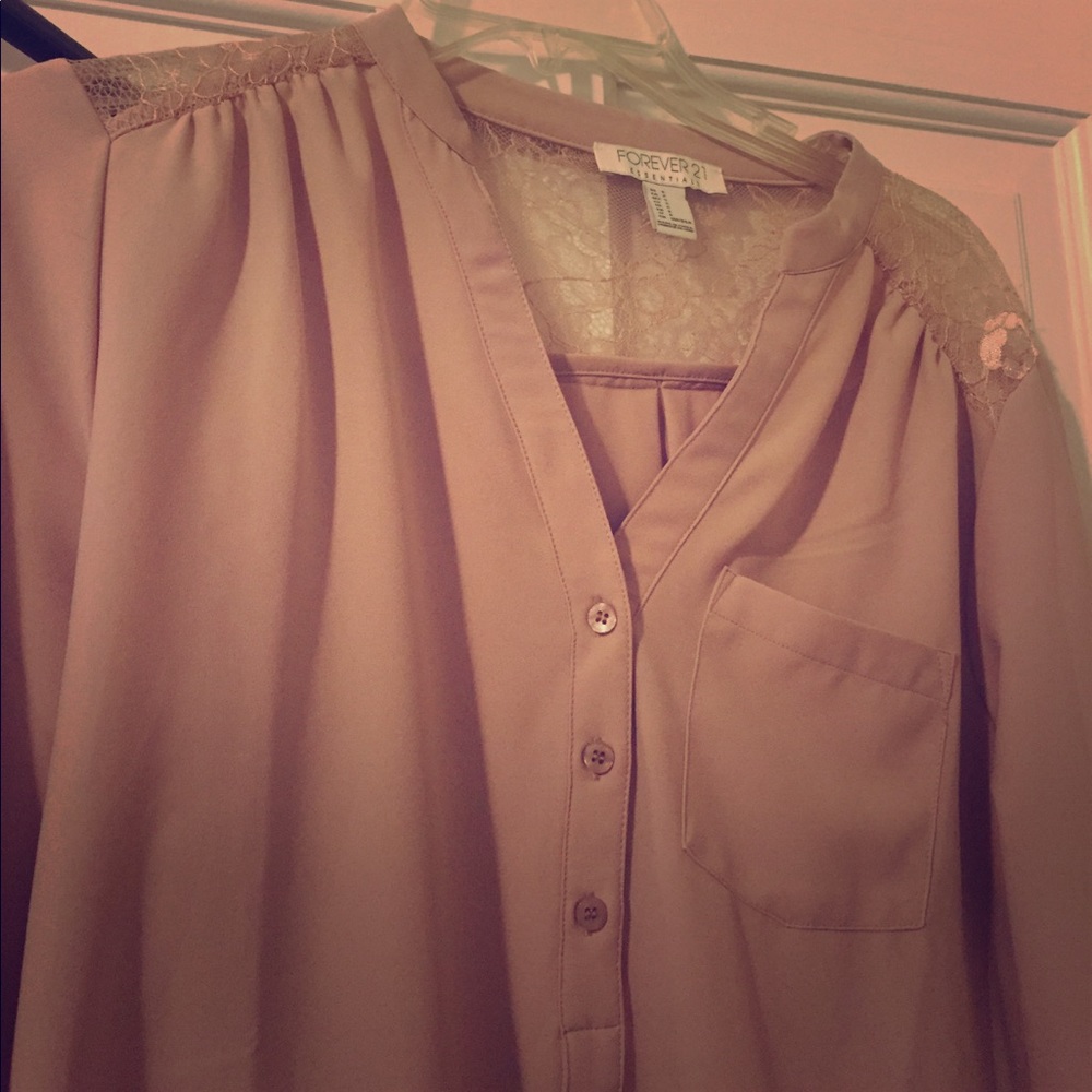 NWOT!! Satin-Like pink blouse with lace detail