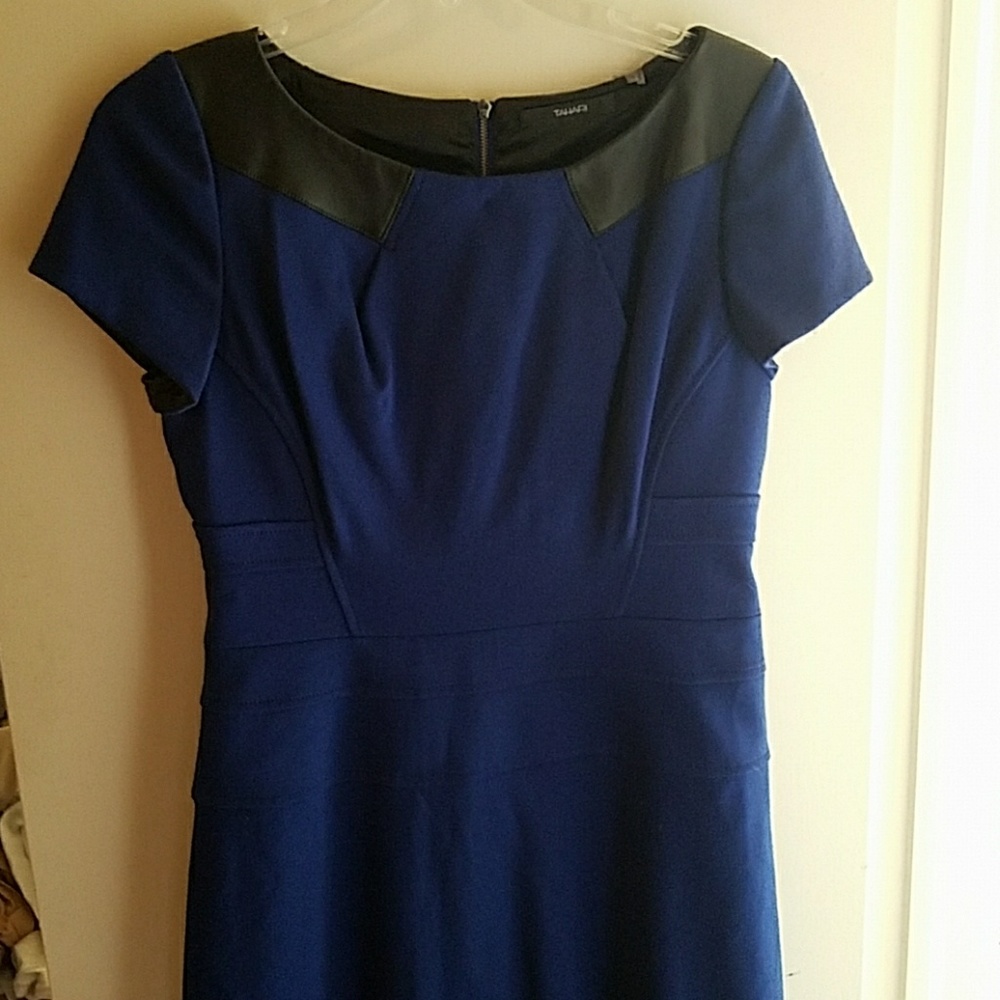 Tahari blue cocktail dress with leather detail