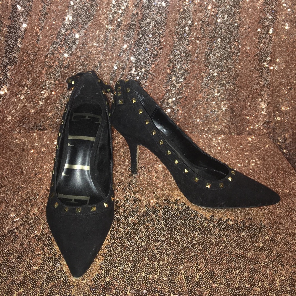 Elle Gold Stud Bow-Back Shoes. Black Suede.
