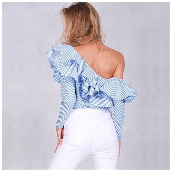 Blue Ruffle Off  Shoulder Top D18 - Picture 2 of 3