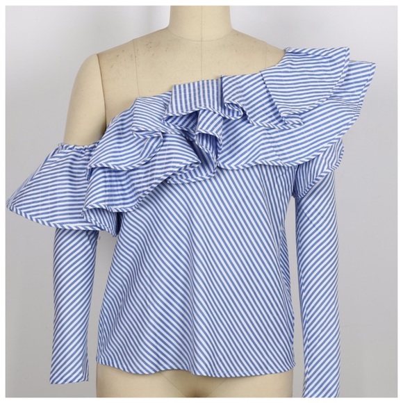 Blue Ruffle Off  Shoulder Top D18 - Picture 3 of 3