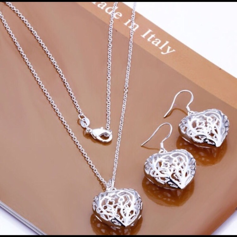 Silver Hollow Heart Necklace and Earrings Set