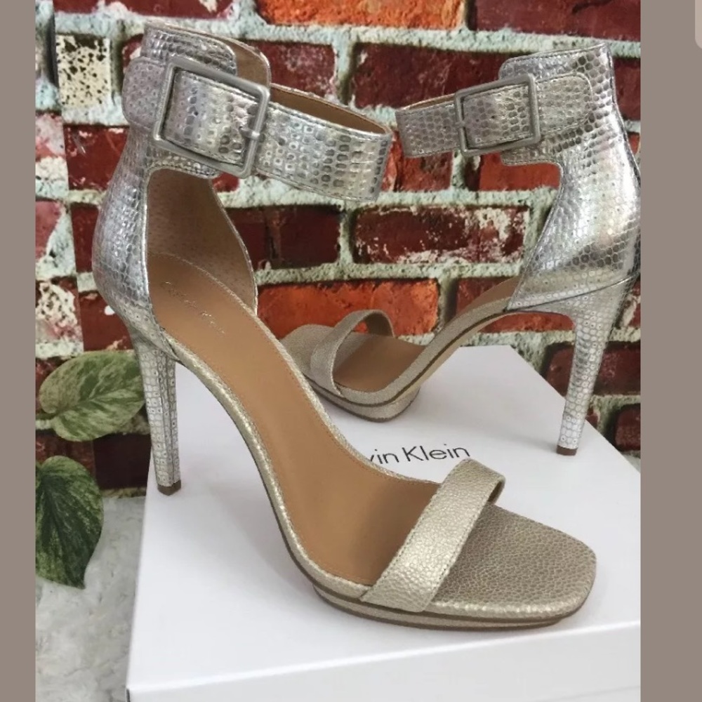CALVIN KLEIN VABLE SAND/SILVER ANKLE-STRAP  HEELS