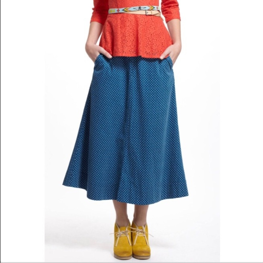 Anthropologie blue polka dot corduroy midi skirt