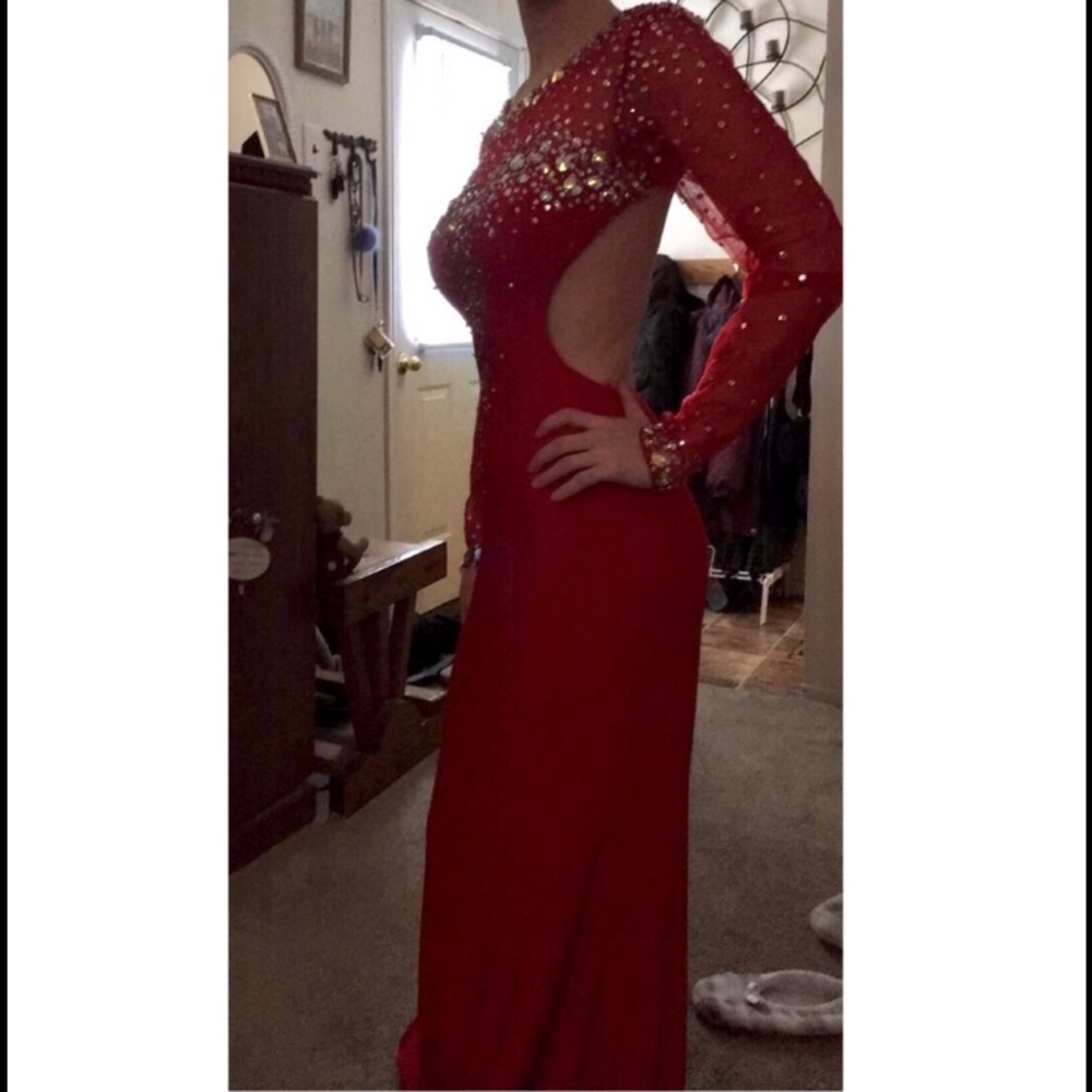 Red prom dress, open back, long sleeve, size 6