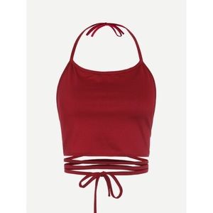 Wine Red Halterneck Lace-Up Hem Cami
