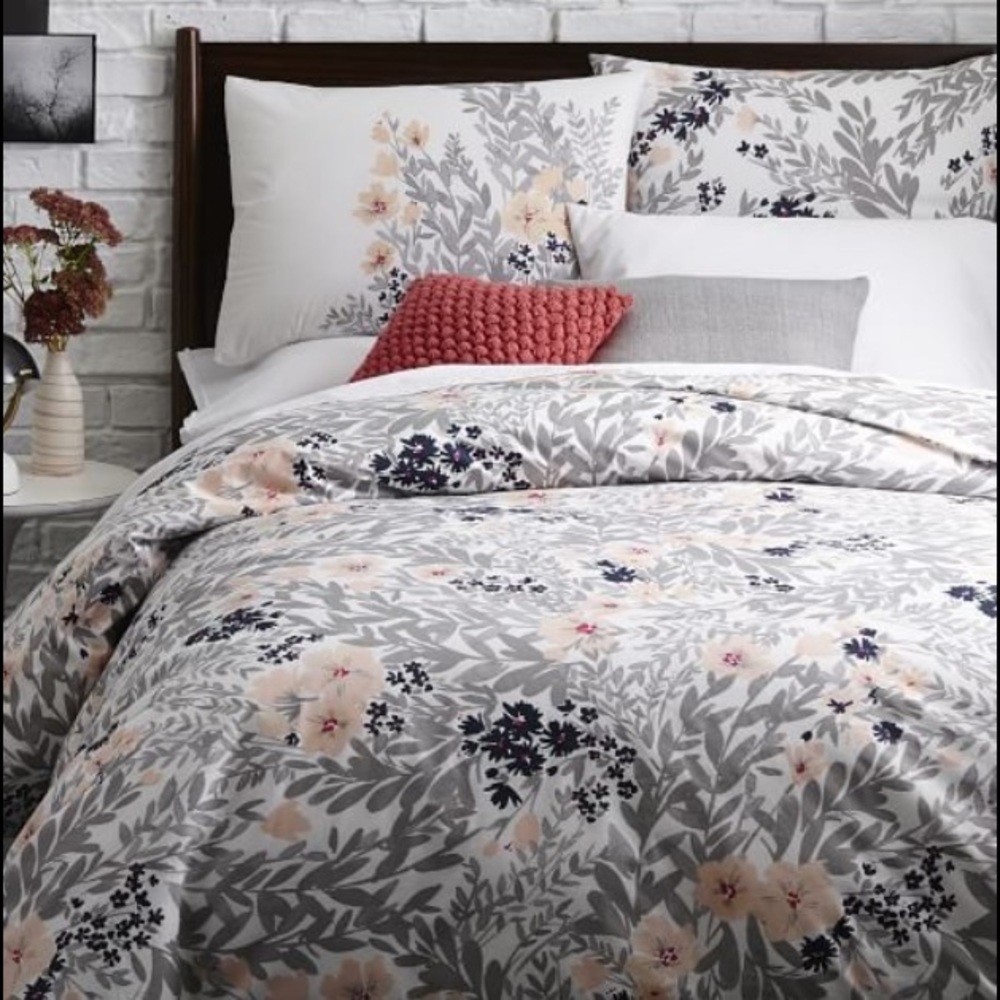 West Elm King-Sized Gray Floral Print Duvet Cover