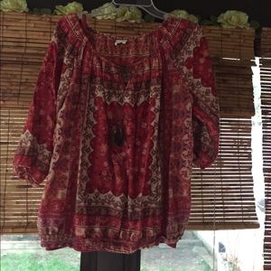 Burgundy floral peasant top with tie at neck