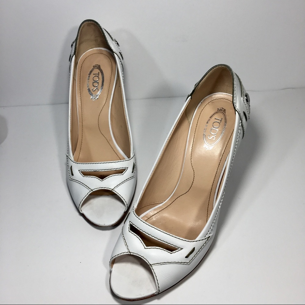 Tod's White Leather Peep-Toe Heels SZ. 7-EUC