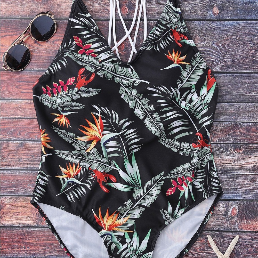 Criss Cross Tropical Leaf One Piece Swimsuit Black