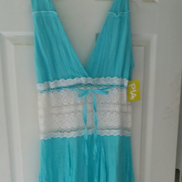 Torquise womens gauzy dress with crochet waistband - Picture 1 of 4