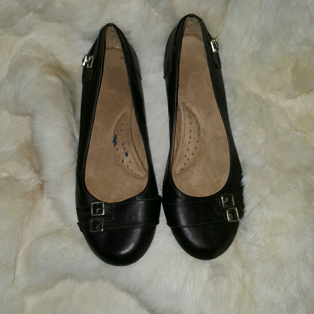 Black flats with cute buckles on front and side