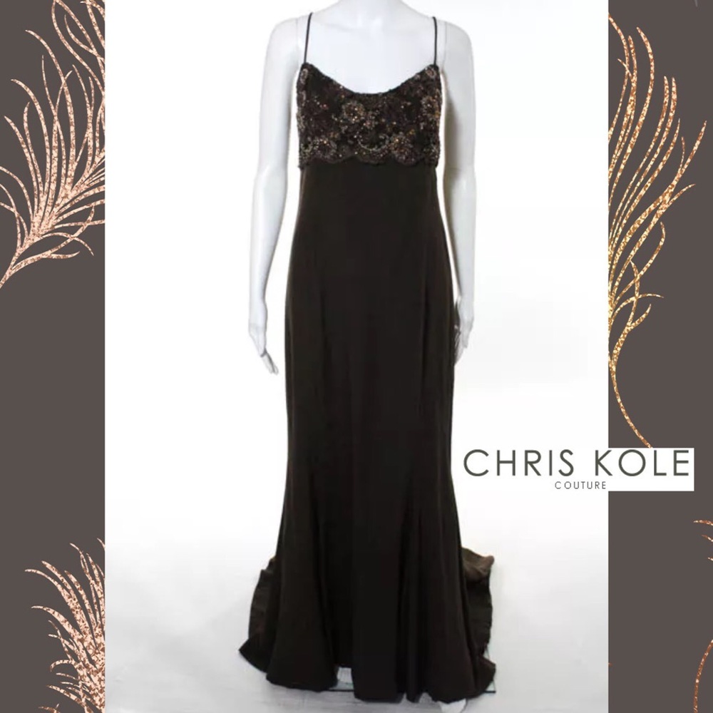 CHRIS KOLE Beautiful Deep Brown Silk Beaded Gown