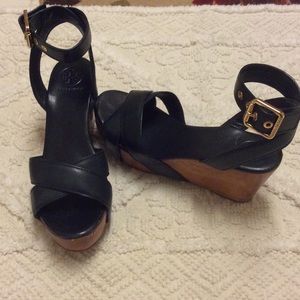 Tory Burch black leather/ wood platform sandals