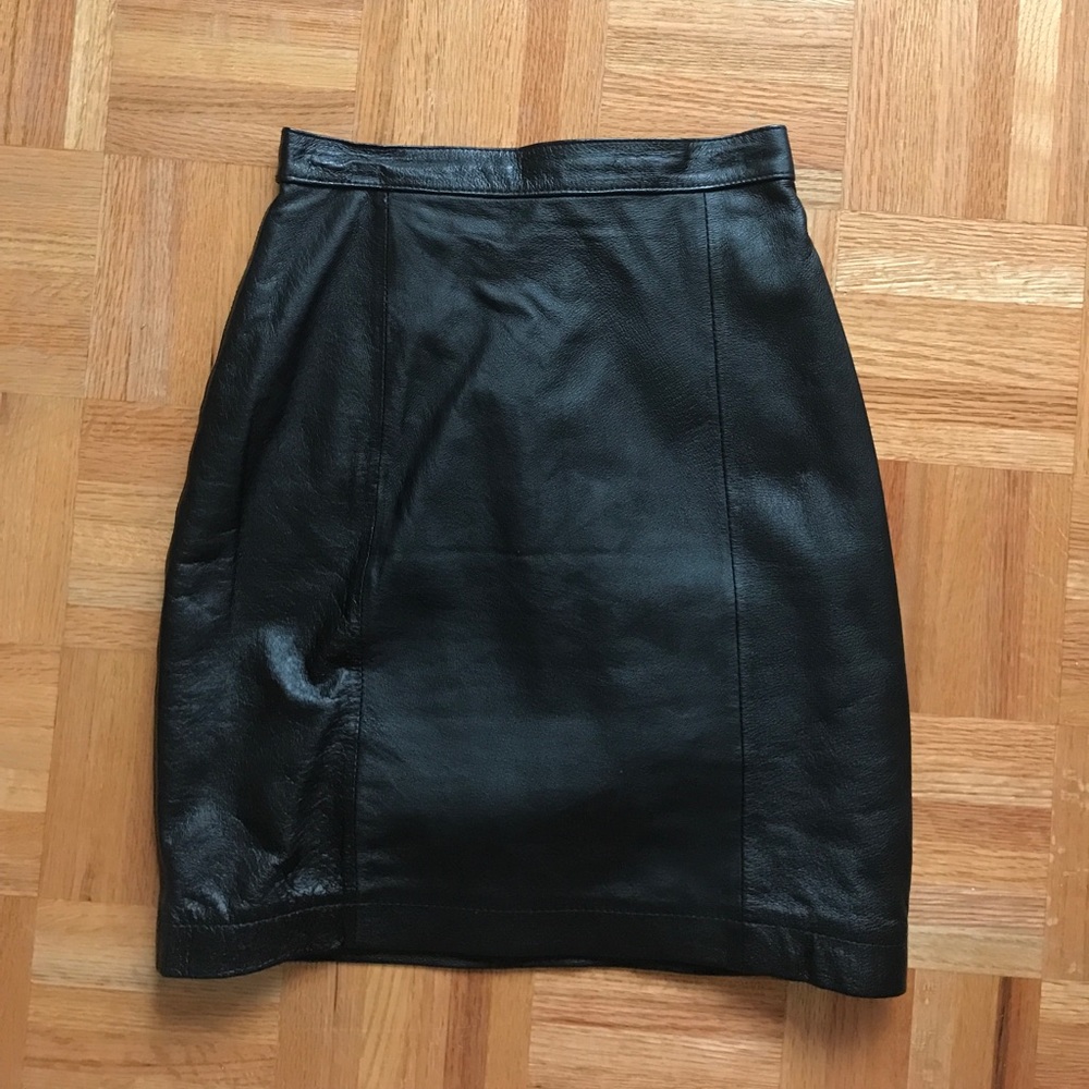 Genuine black leather pencil skirt