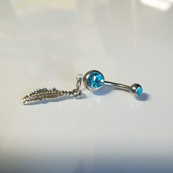 Blue and Sterling navel ring with feather - Picture 1 of 1