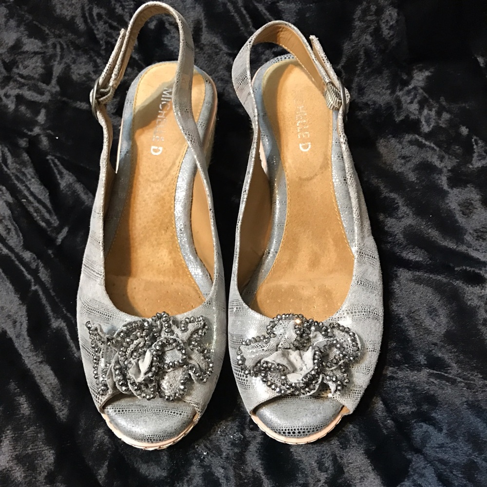 Michelle D Silver Beaded Espadrilla Wedge Heels