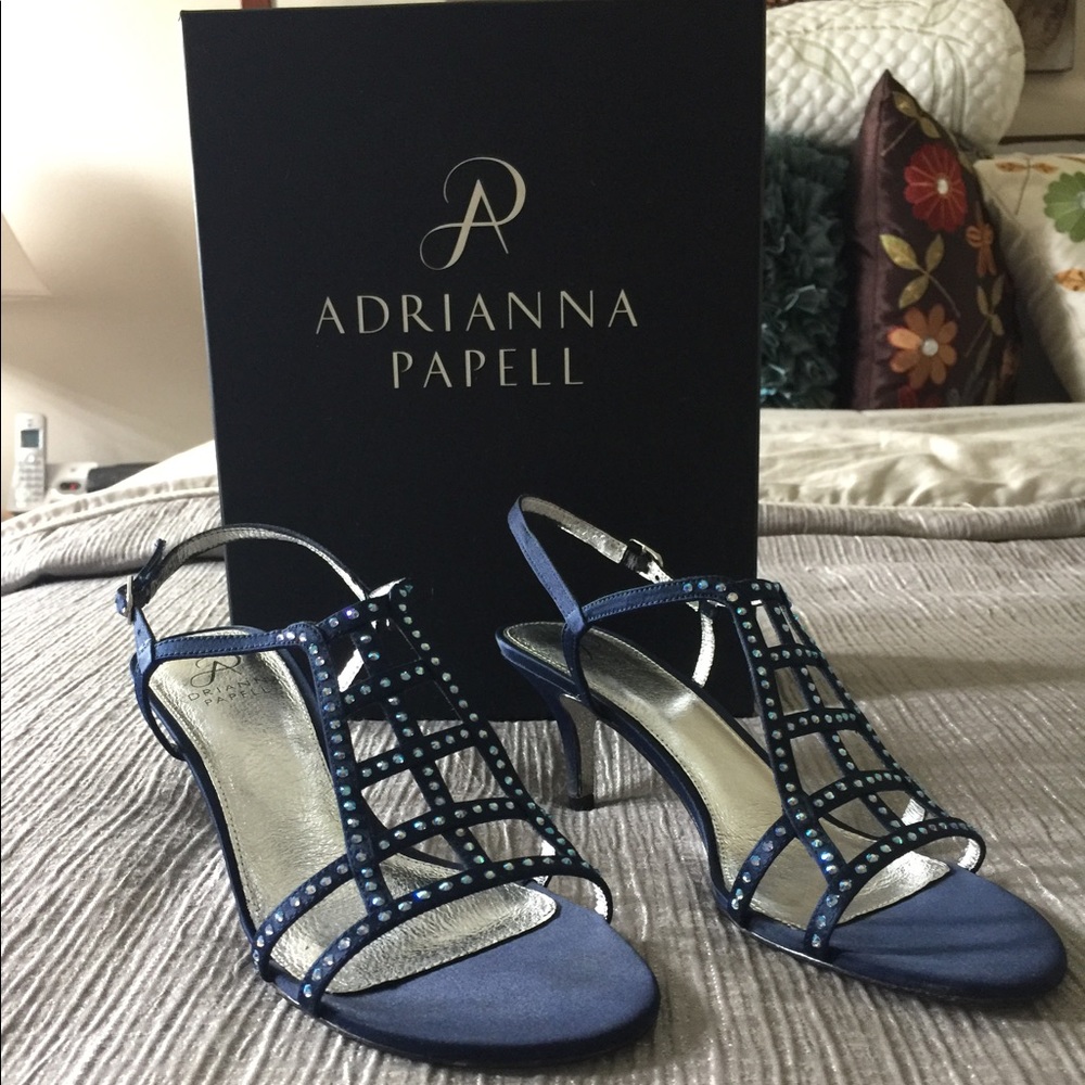 Navy Adrianna Papell Amari Jeweled Satin Sandals