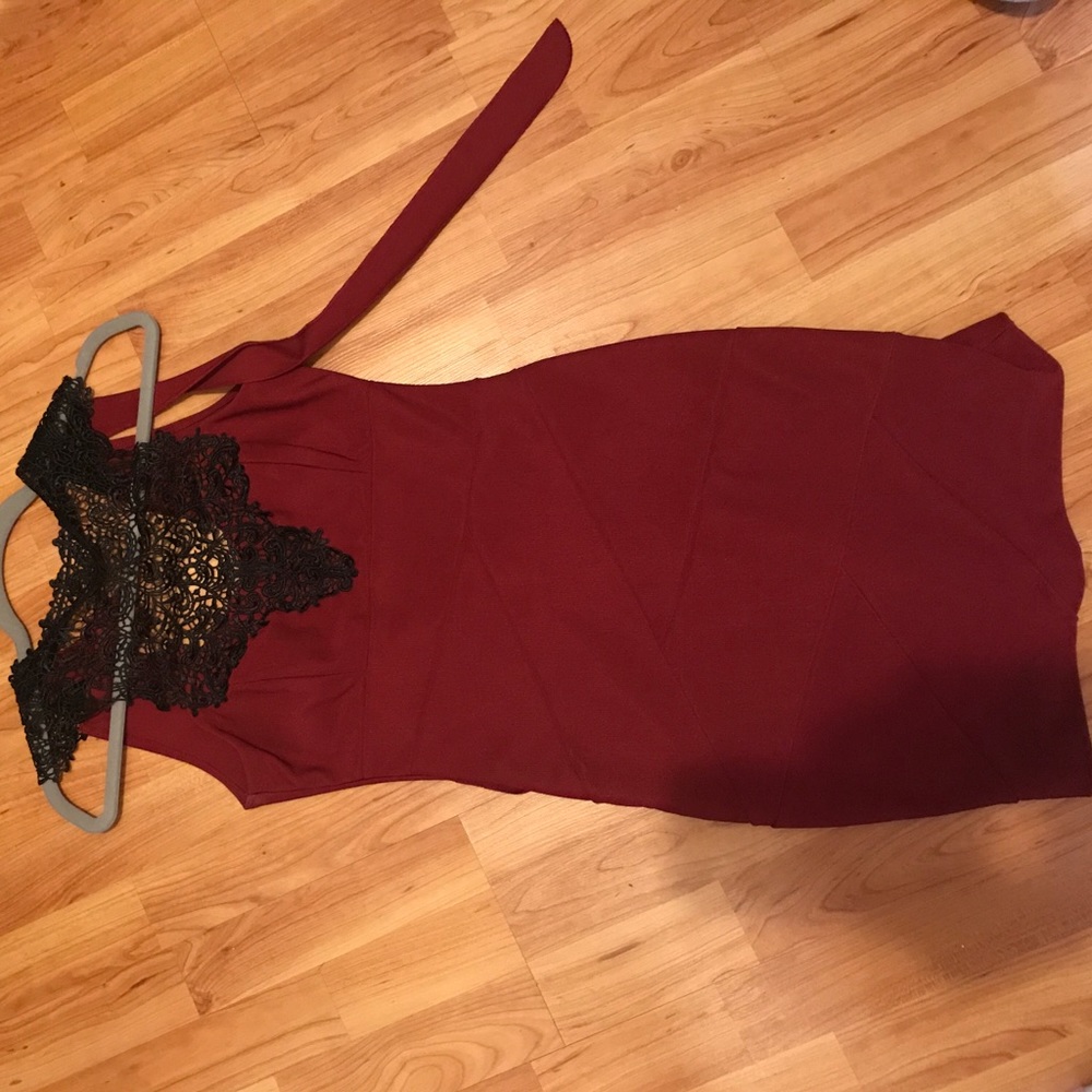 Maroon Dress with black lace around neck