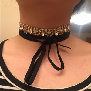 Forever 21 Silver Crystal and Black Velvet Choker
