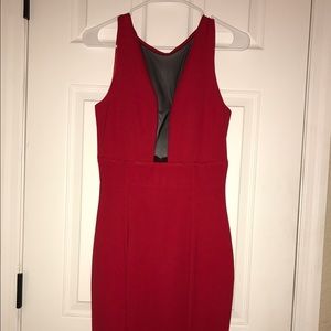Red pencil dress with sheer black panel