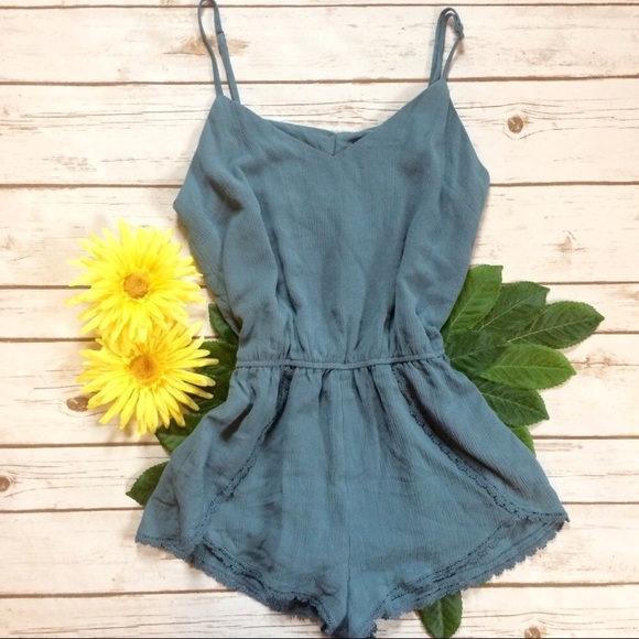 Forever 21 Pants - F21 Dusty Blue Spaghetti Strap Romper With Ruffles