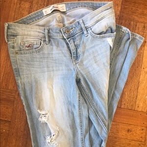 Distressed faded blue jeans