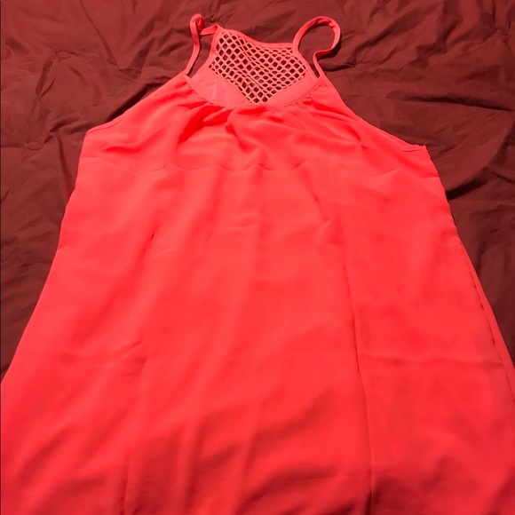 Very bright neon coral chiffon sun dress - Picture 3 of 3