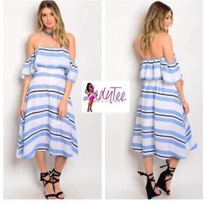off shoulder blue & white striped dress