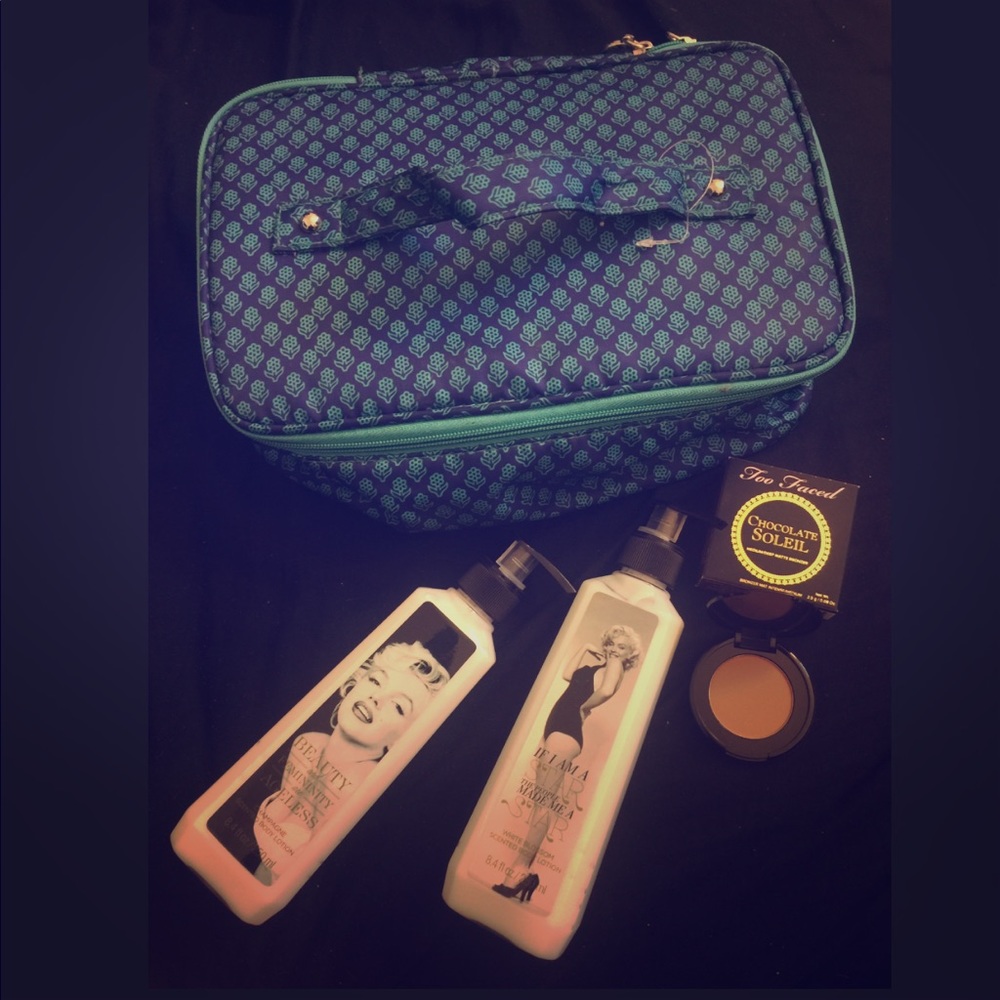 Cosmetic bag, 2 Marilyn lotions, and Too Faced