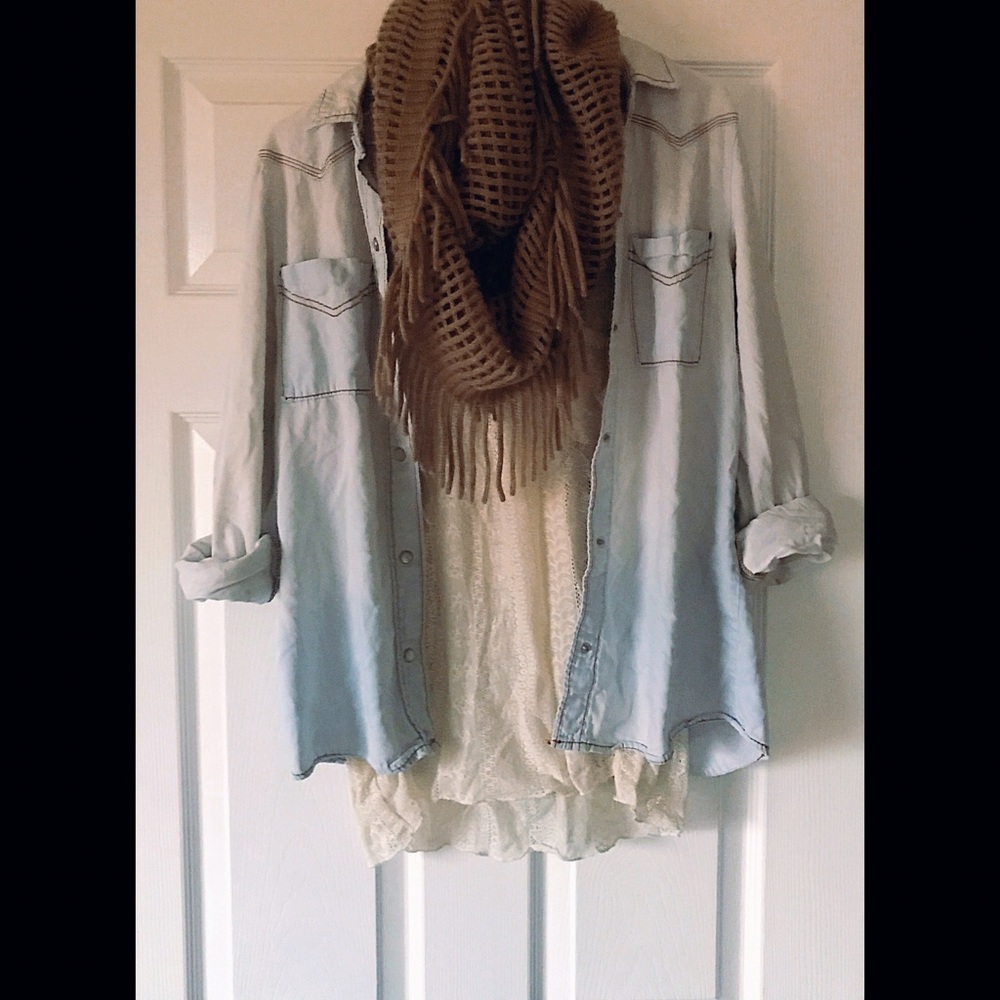 Faded light wash chambray/denim button up shirt